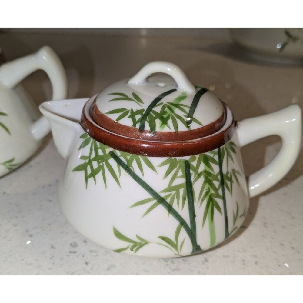 Vintage Japanese Kutani Bamboo Cream Sugar set Hand-Painted Eggshell china